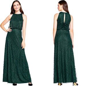 ADRIANNA PAPELL NWT Women's Halter Beaded Blouson Dress Emerald Green 10